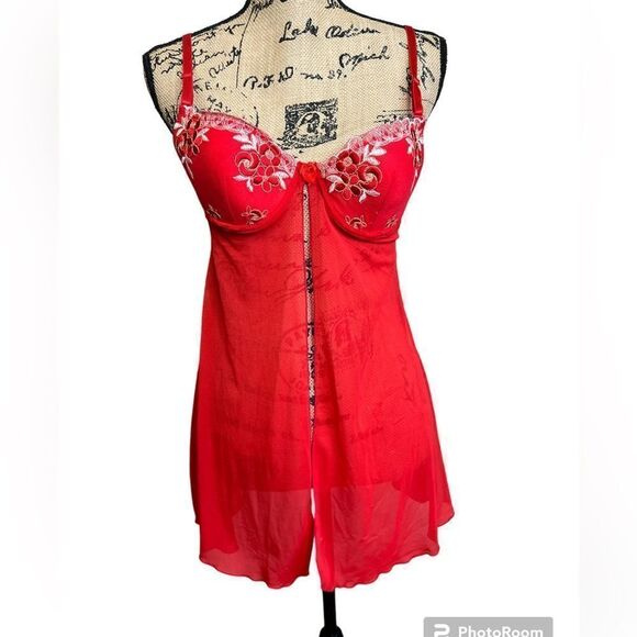 4/$25 Red floral mesh sheer negligée lingerie size 38 B sexy feminine romantic - Picture 1 of 7